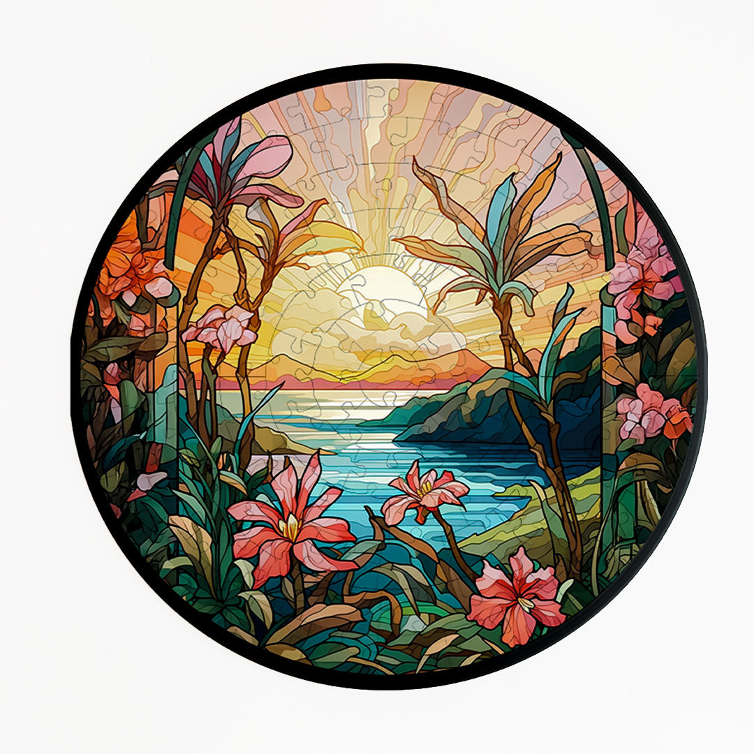 Jurojin Junction Circular Frame Jigsaw Puzzle for Couples | Tropical Sunset Bloom” – 160-Piece Framable Circular Jigsaw Puzzle for Adults & Kids above 15+ Years | Puzzle Games for Couples
