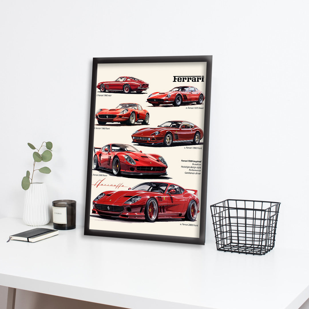 Ferrari Evolution Poster – Classic to Modern Supercar  | Dekorama Framed Wall Art |  Cars Framed Posters