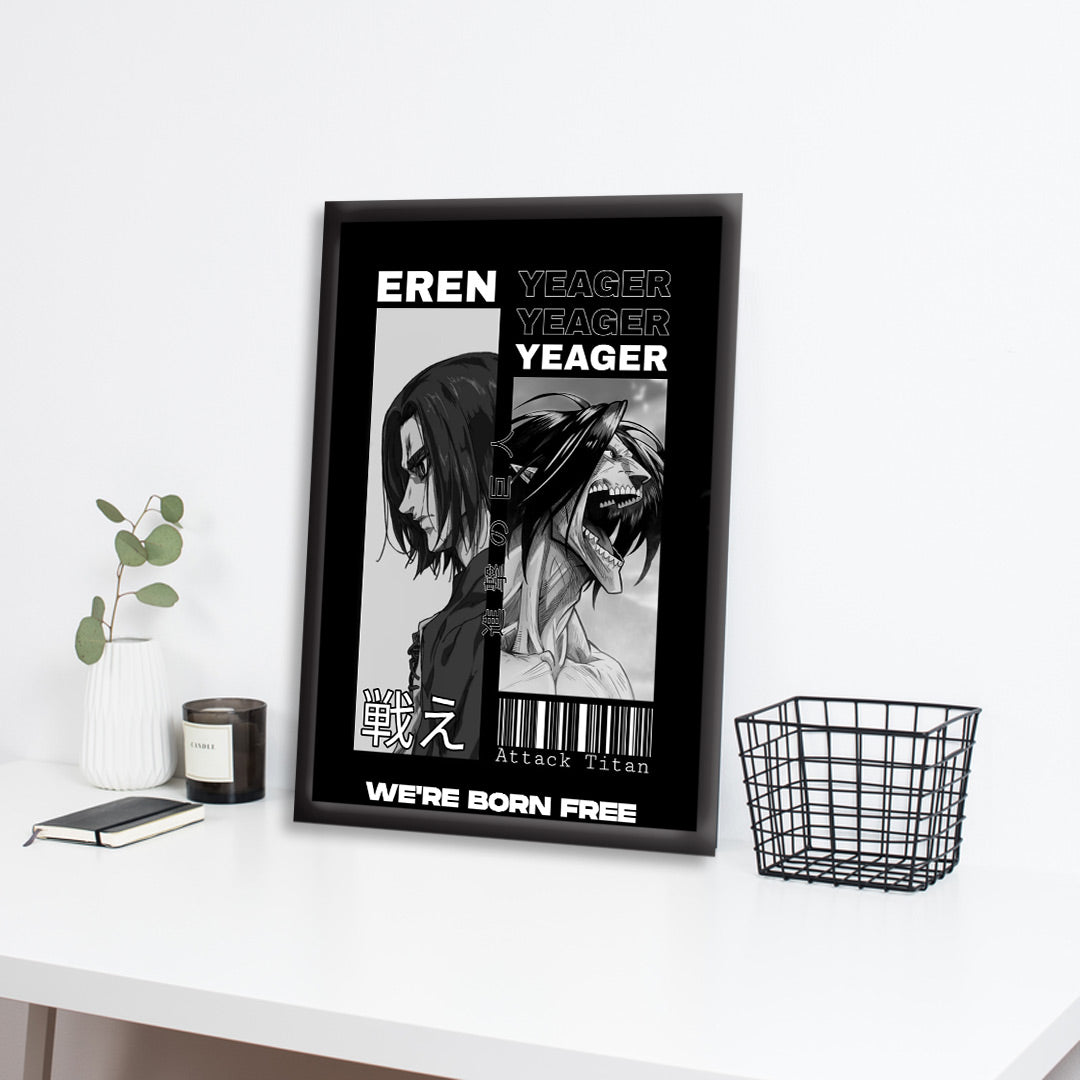 Eren Yeager X Titan | Attack On Titan Framed Poster | Anime Framed Posters - Matt Black Frame ( Black Framed, Eren Titan Art)
