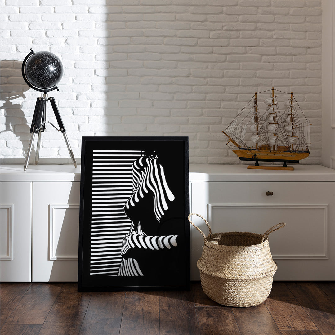 Abstract Female | Silhouette with Striped Light Poster– Black & White| Sketch Line Painting | Simple Abstract Art