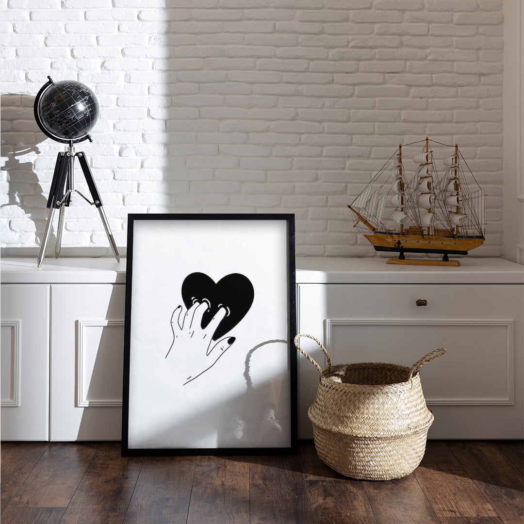 Love in Hand | Black Heart Hand Art – Modern Emotional Wall Poster