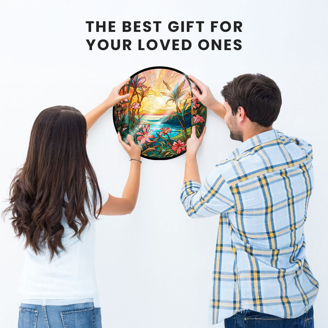 Jurojin Junction Circular Frame Jigsaw Puzzle for Couples  | Tropical Sunset Bloom” – 160-Piece Framable Circular Jigsaw Puzzle for Adults & Kids above 15+ Years | Puzzle Games for Couples