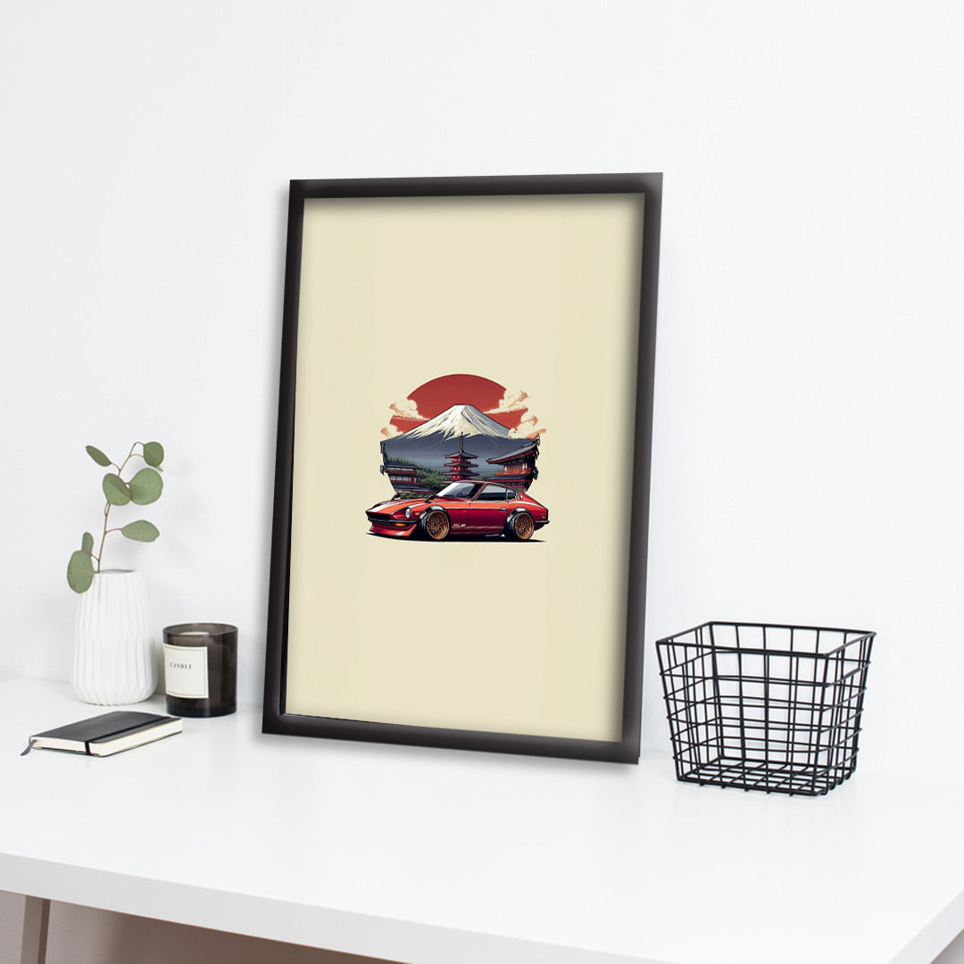 Datsun 240Z (Fairlady Z) Poster | Minimalist JDM Car | Wall Art with Mount Fuji & Pagoda Background