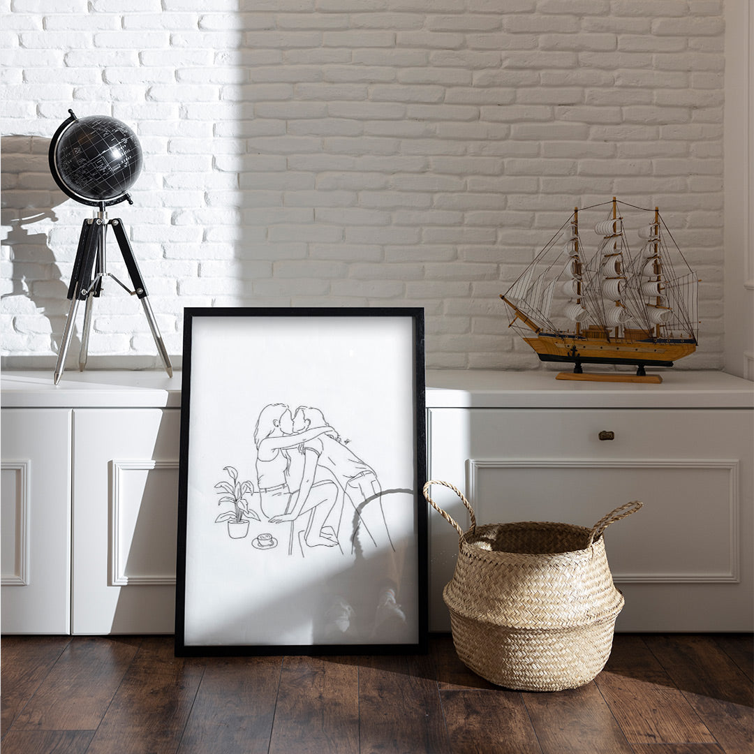 Tender Moment – Minimal Couple Illustration for Home Decor | Black & White Intimate Line