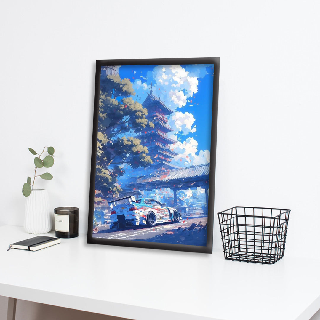 Japanese Pixel Art | Super Car Framed Poster | Nissan Framed Posters - Matt Black Frame (Black Framed, GTR Skyline)