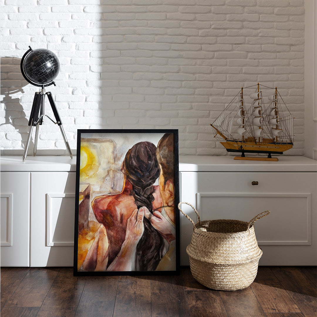 Couple in Love | Hand-Braided Hair Watercolor Poster | Intimate Moment Art