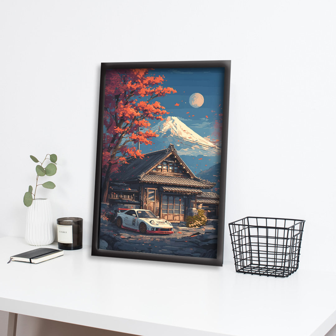 Japnese Pixel Art | Car Framed Poster | Porsche 911 RWB | Japanese Ryokan & Mount Fuji Scenic | JDM-Euro Wall Art