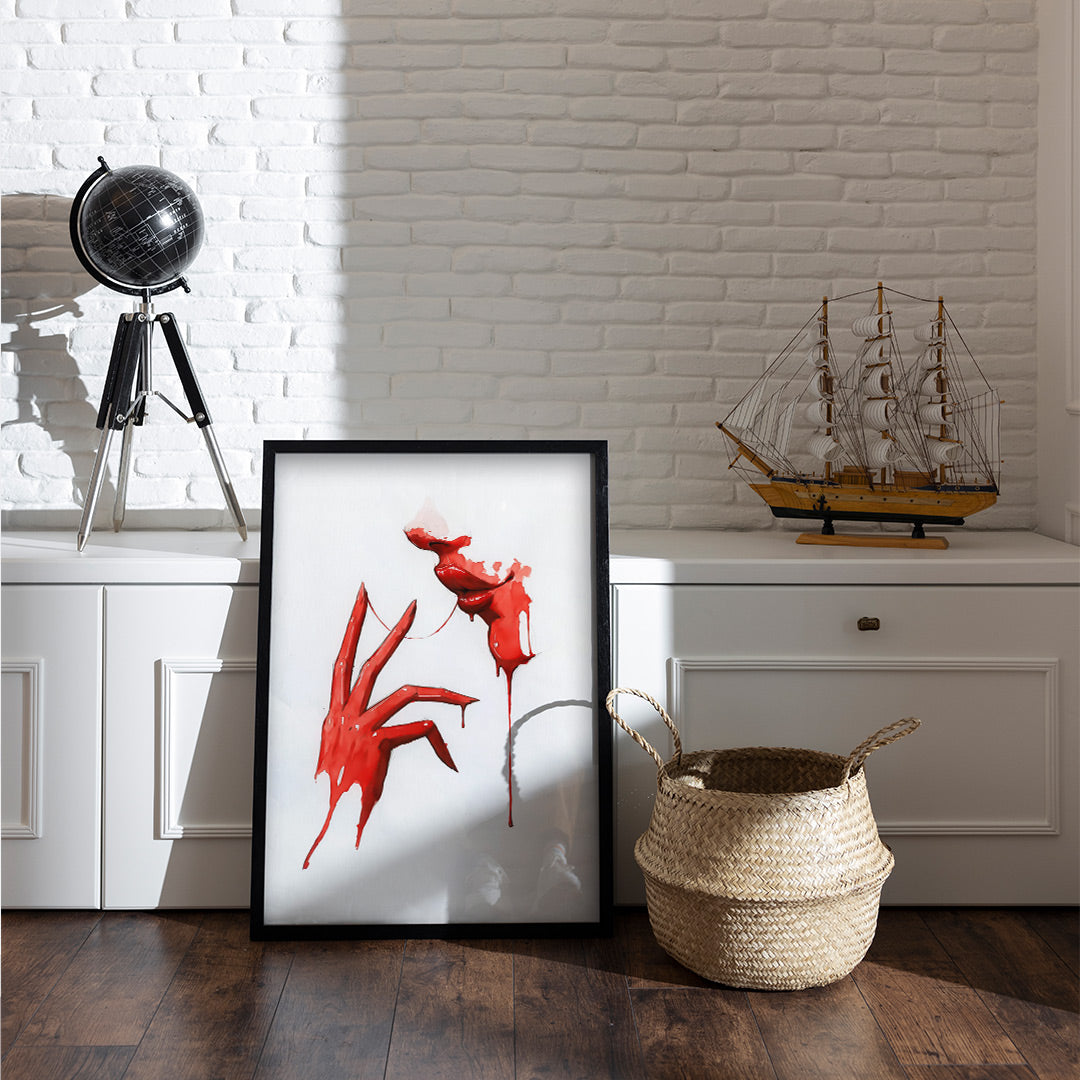 Thread of Seduction – Abstract Red Hand & Lips Artwork | Modern Dark Aesthetic Wall Art
