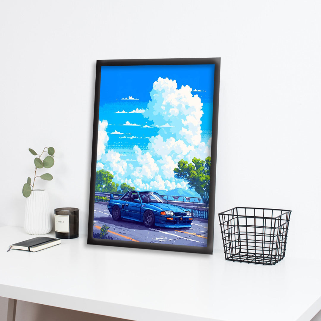 Japnese Pixel Art | Car Framed Poster | Nissan Framed Posters - Matt Black Frame (Black Framed, GTR Skyline)