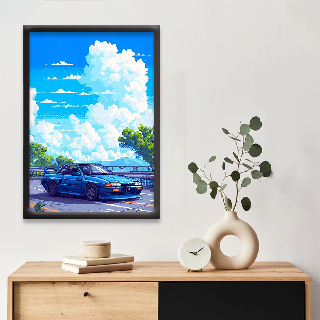 Japnese Pixel Art | Car Framed Poster | Nissan Framed Posters - Matt Black Frame (Black Framed, GTR Skyline)