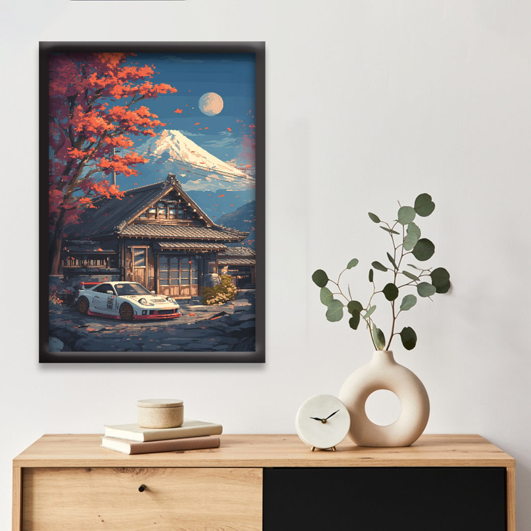 Japnese Pixel Art | Car Framed Poster | Porsche 911 RWB | Japanese Ryokan & Mount Fuji Scenic | JDM-Euro Wall Art