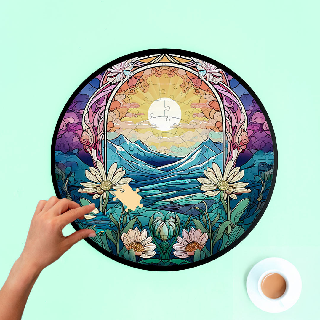 Jurojin Junction Circular Frame Jigsaw Puzzle for Couples  | “Mountain Bloom Sunrise” – 160-Piece Framable Circular Jigsaw Puzzle for Adults & Kids above 15+ Years | Puzzle Games for Couples