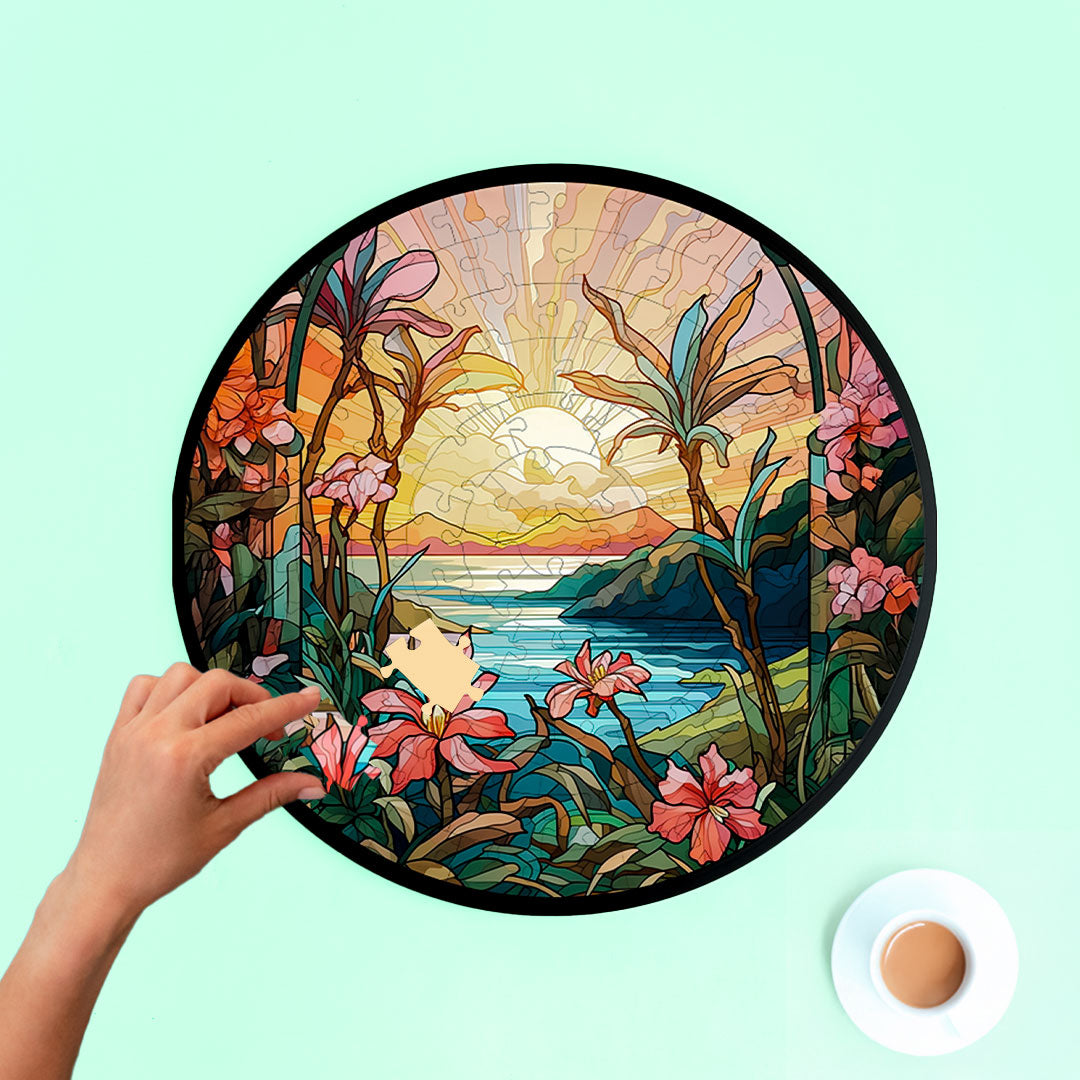 Jurojin Junction Circular Frame Jigsaw Puzzle for Couples  | Tropical Sunset Bloom” – 160-Piece Framable Circular Jigsaw Puzzle for Adults & Kids above 15+ Years | Puzzle Games for Couples