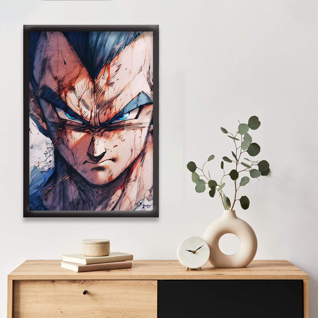 Vegeta Blue God Transformation | Dekorama Framed Wall Art | Anime Wall Frames | Framed Paintings - Matt Black Frame