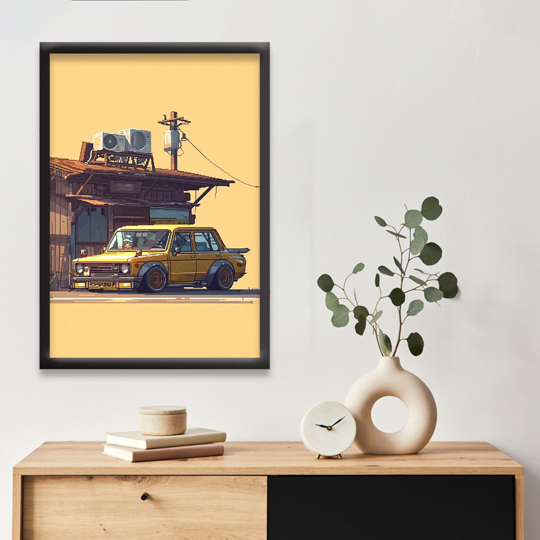 Japnese Pixel Art | Car Framed Poster | Nissan Framed Posters - Matt Black Frame (Black Framed, Classic car)