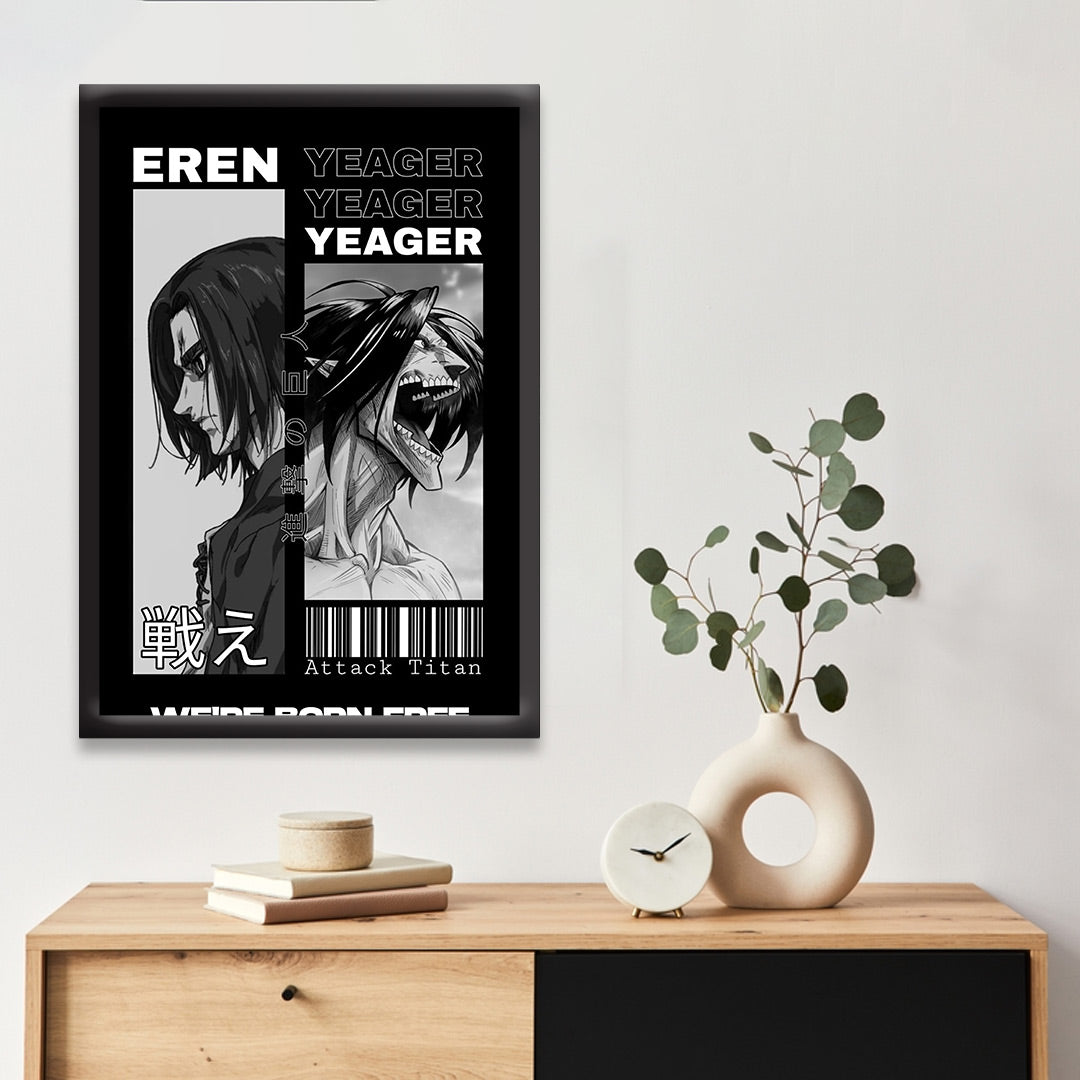 Eren Yeager X Titan | Attack On Titan Framed Poster | Anime Framed Posters - Matt Black Frame ( Black Framed, Eren Titan Art)