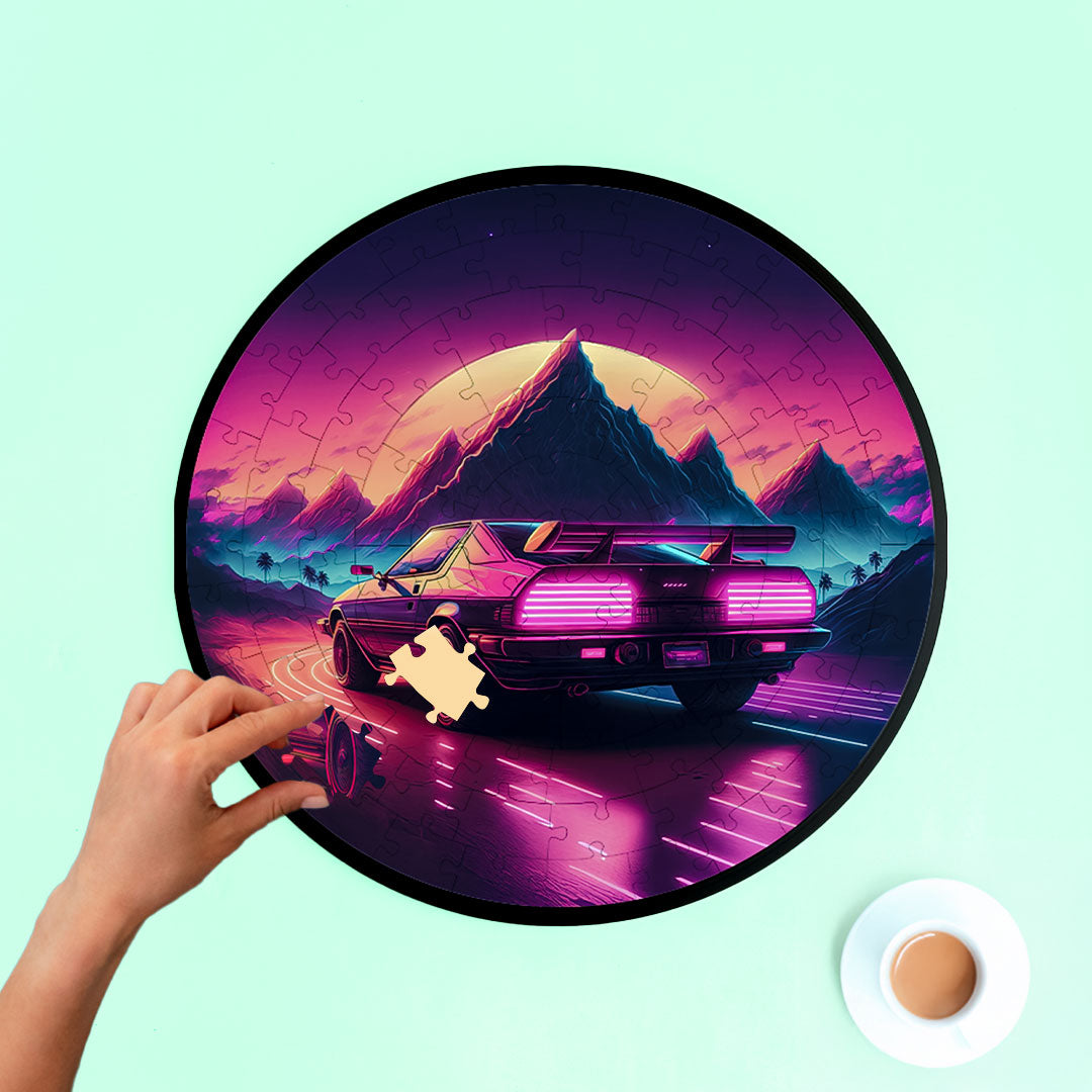 Jurojin Junction Circular Frame Jigsaw Puzzle for Couples  | Neon Car Puzzles | 160 Piece Circular Jigsaw Puzzle for Adults & Kids above 15+ Years | Puzzle Games for Car Lovers