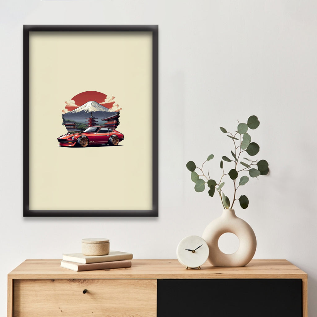 Datsun 240Z (Fairlady Z) Poster | Minimalist JDM Car | Wall Art with Mount Fuji & Pagoda Background
