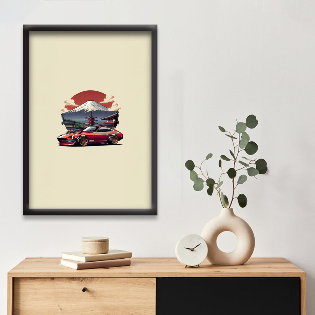 Datsun 240Z (Fairlady Z) Poster | Minimalist JDM Car | Wall Art with Mount Fuji & Pagoda Background