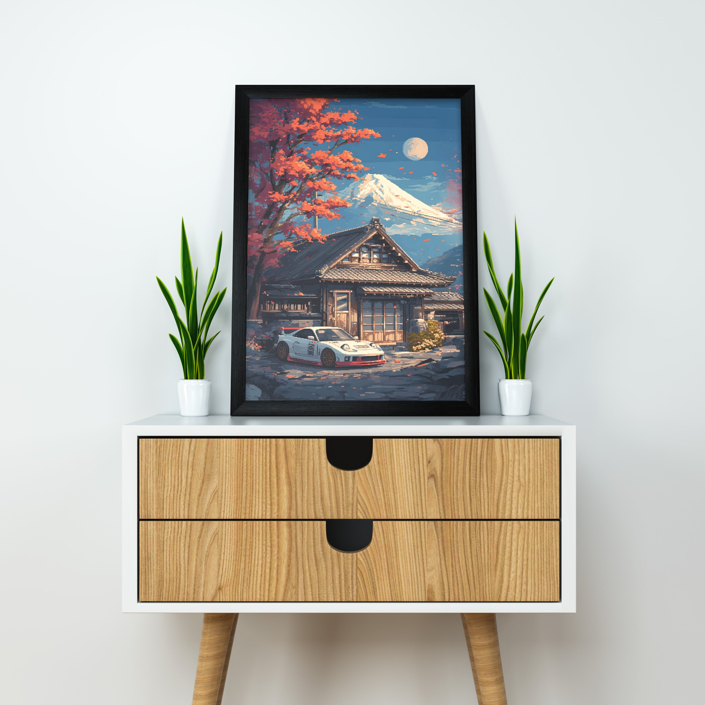 Japnese Pixel Art | Car Framed Poster | Porsche 911 RWB | Japanese Ryokan & Mount Fuji Scenic | JDM-Euro Wall Art