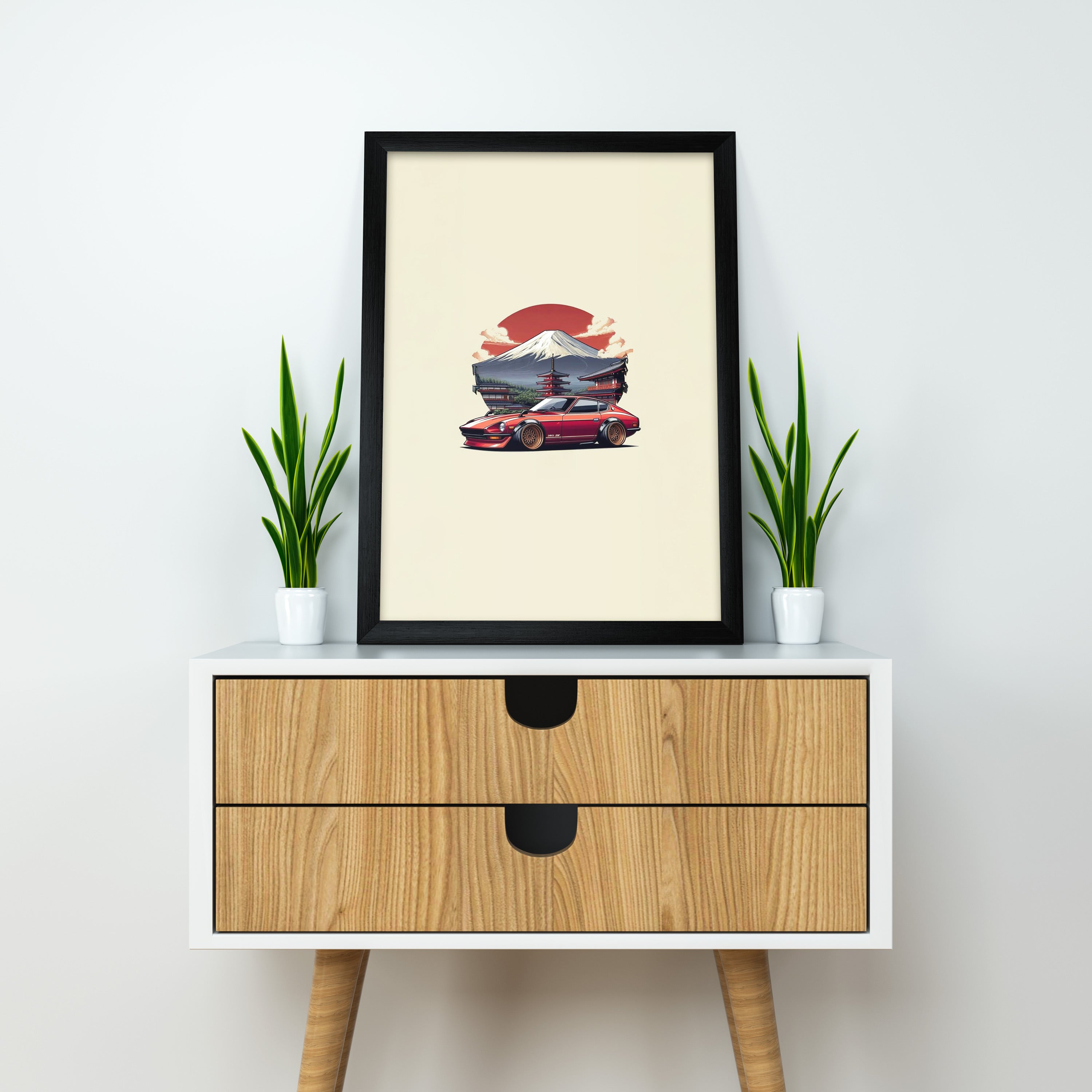 Datsun 240Z (Fairlady Z) Poster | Minimalist JDM Car | Wall Art with Mount Fuji & Pagoda Background