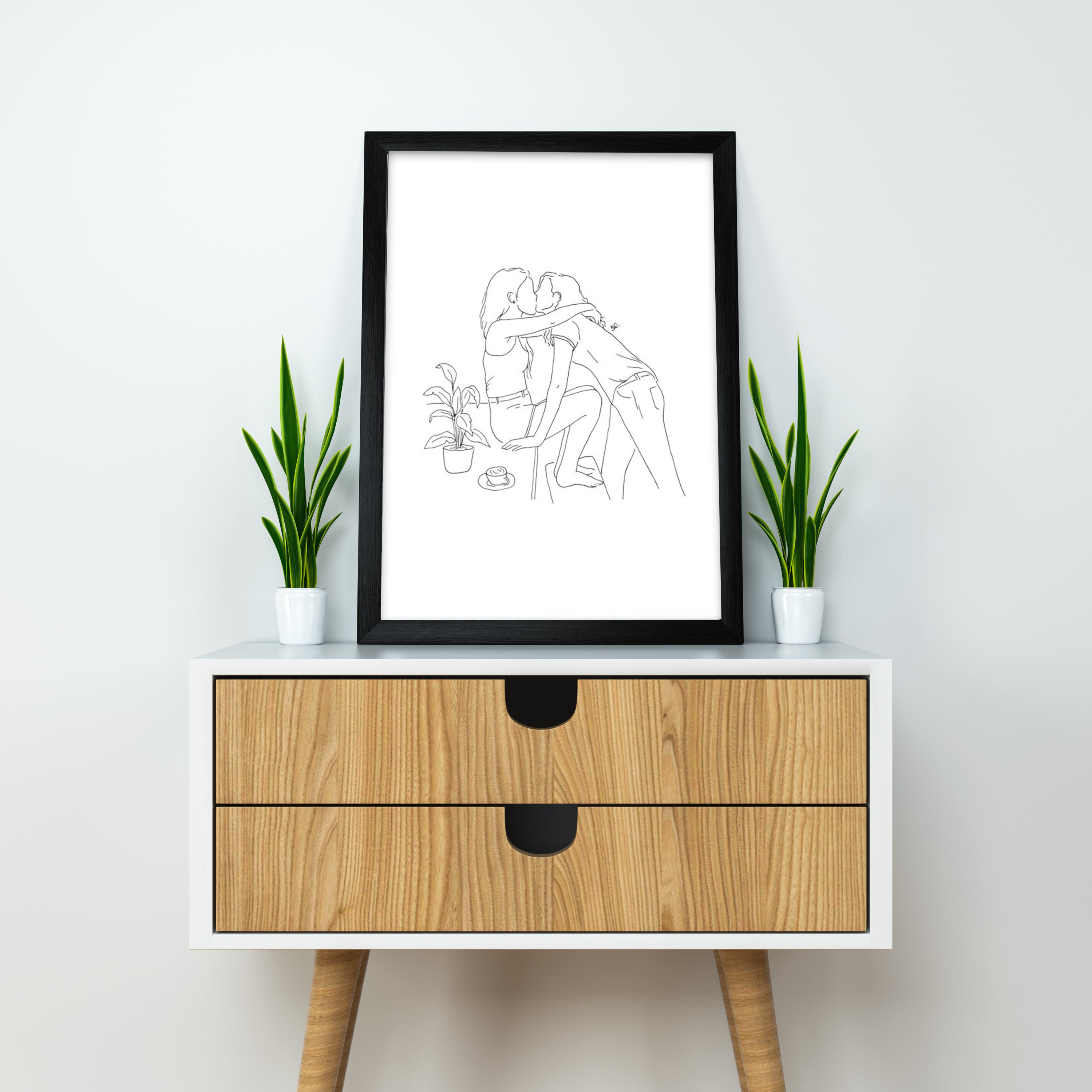 Tender Moment – Minimal Couple Illustration for Home Decor | Black & White Intimate Line