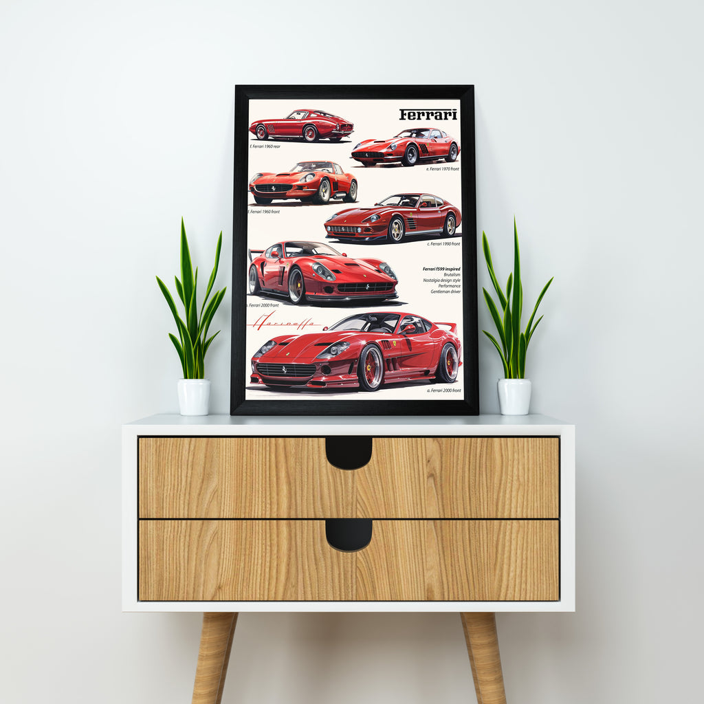 Ferrari Evolution Poster – Classic to Modern Supercar  | Dekorama Framed Wall Art |  Cars Framed Posters
