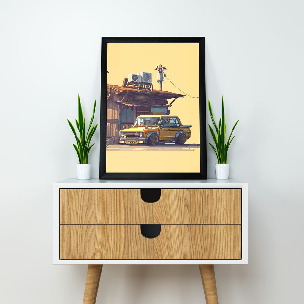 Japnese Pixel Art | Car Framed Poster | Nissan Framed Posters - Matt Black Frame (Black Framed, Classic car)