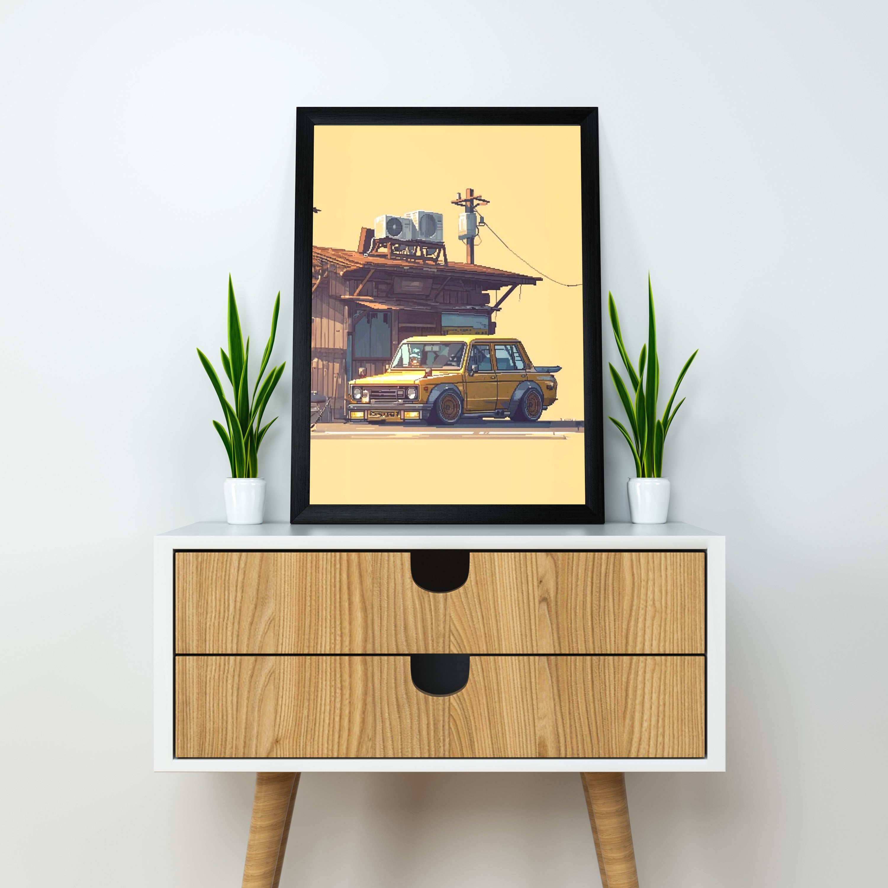 Japnese Pixel Art | Car Framed Poster | Nissan Framed Posters - Matt Black Frame (Black Framed, Classic car)