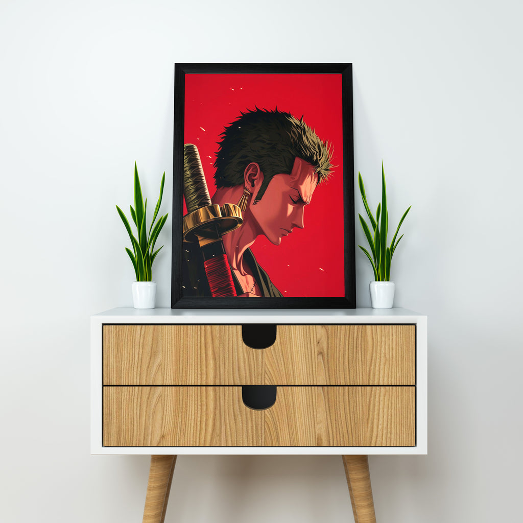 Roronoa Zoro Vector Art | One Piece Framed Poster | Anime Framed Posters - Matt Black Frame (Black Framed, Roronoa Zoro)