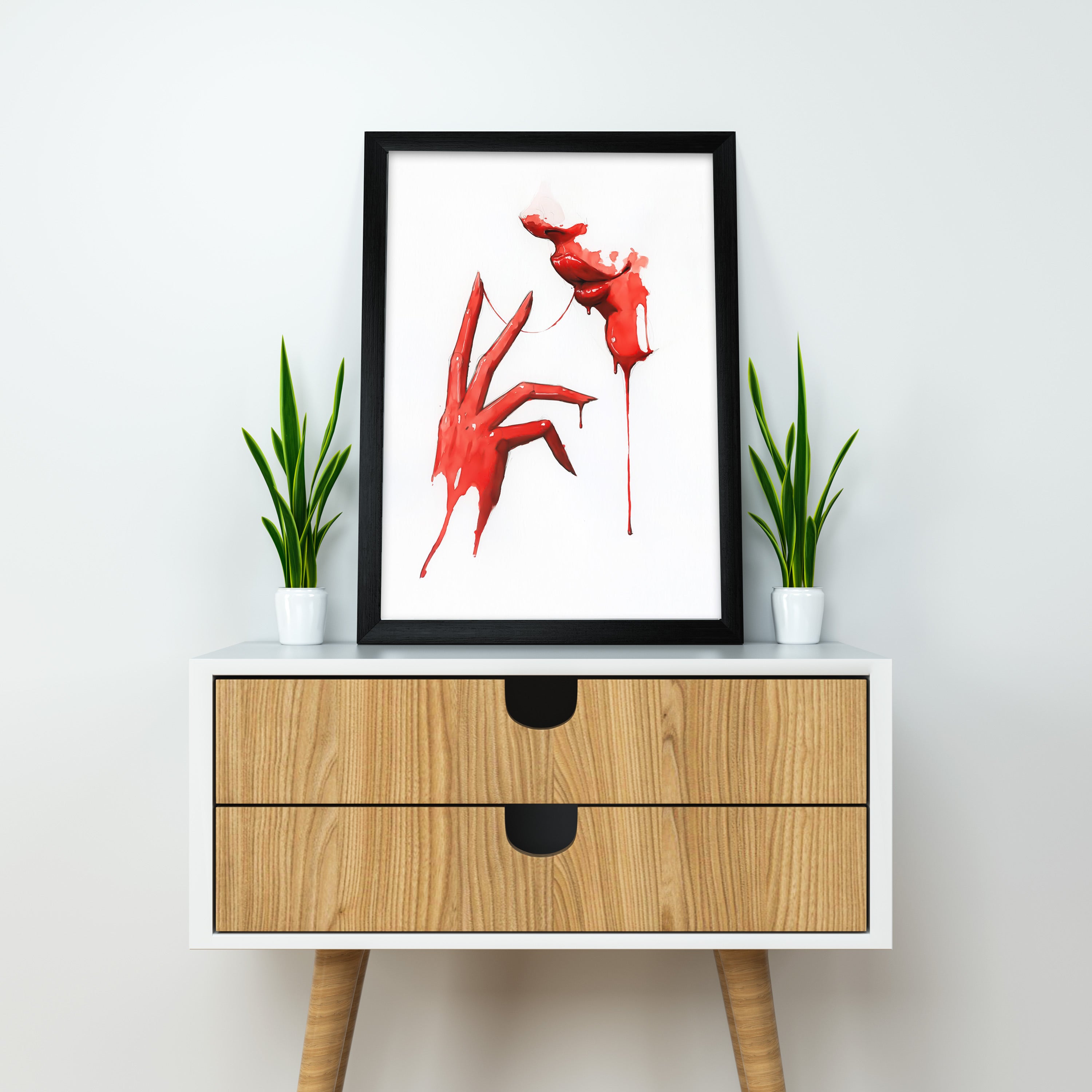 Thread of Seduction – Abstract Red Hand & Lips Artwork | Modern Dark Aesthetic Wall Art