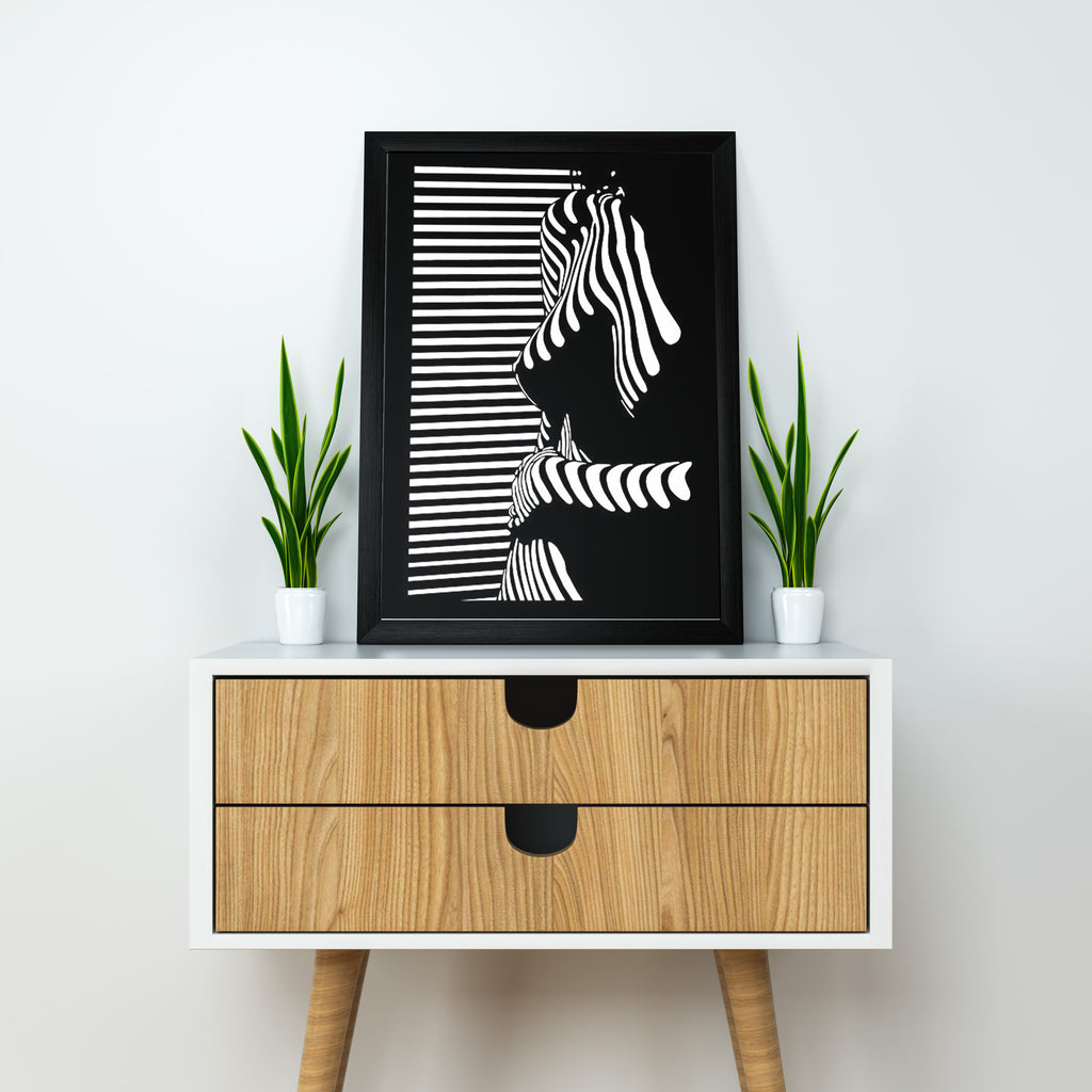 Abstract Female | Silhouette with Striped Light Poster– Black & White| Sketch Line Painting | Simple Abstract Art