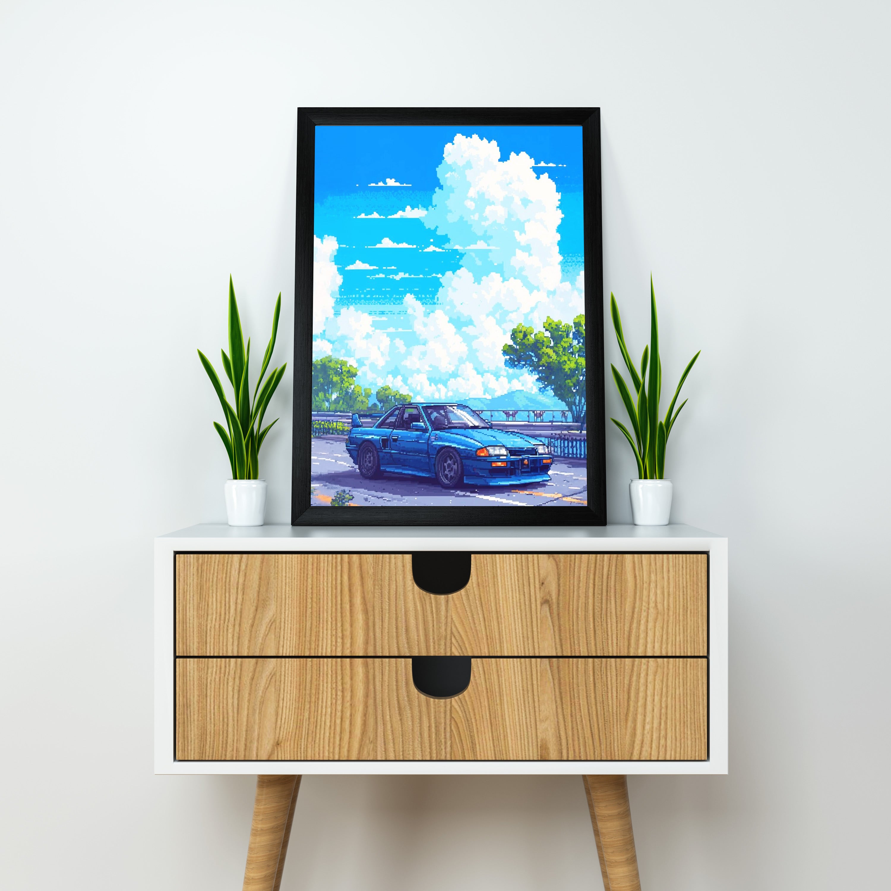 Japnese Pixel Art | Car Framed Poster | Nissan Framed Posters - Matt Black Frame (Black Framed, GTR Skyline)