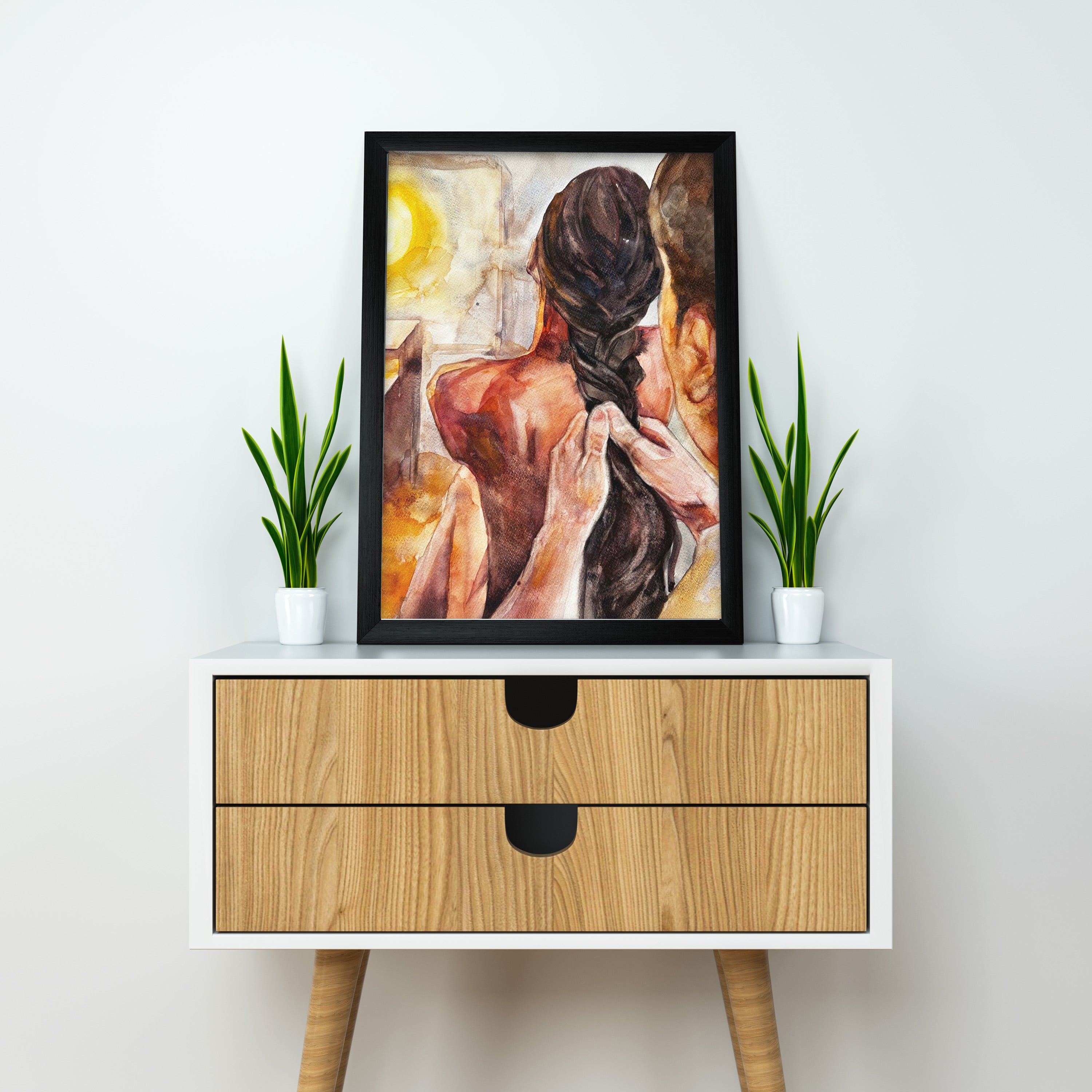 Couple in Love | Hand-Braided Hair Watercolor Poster | Intimate Moment Art