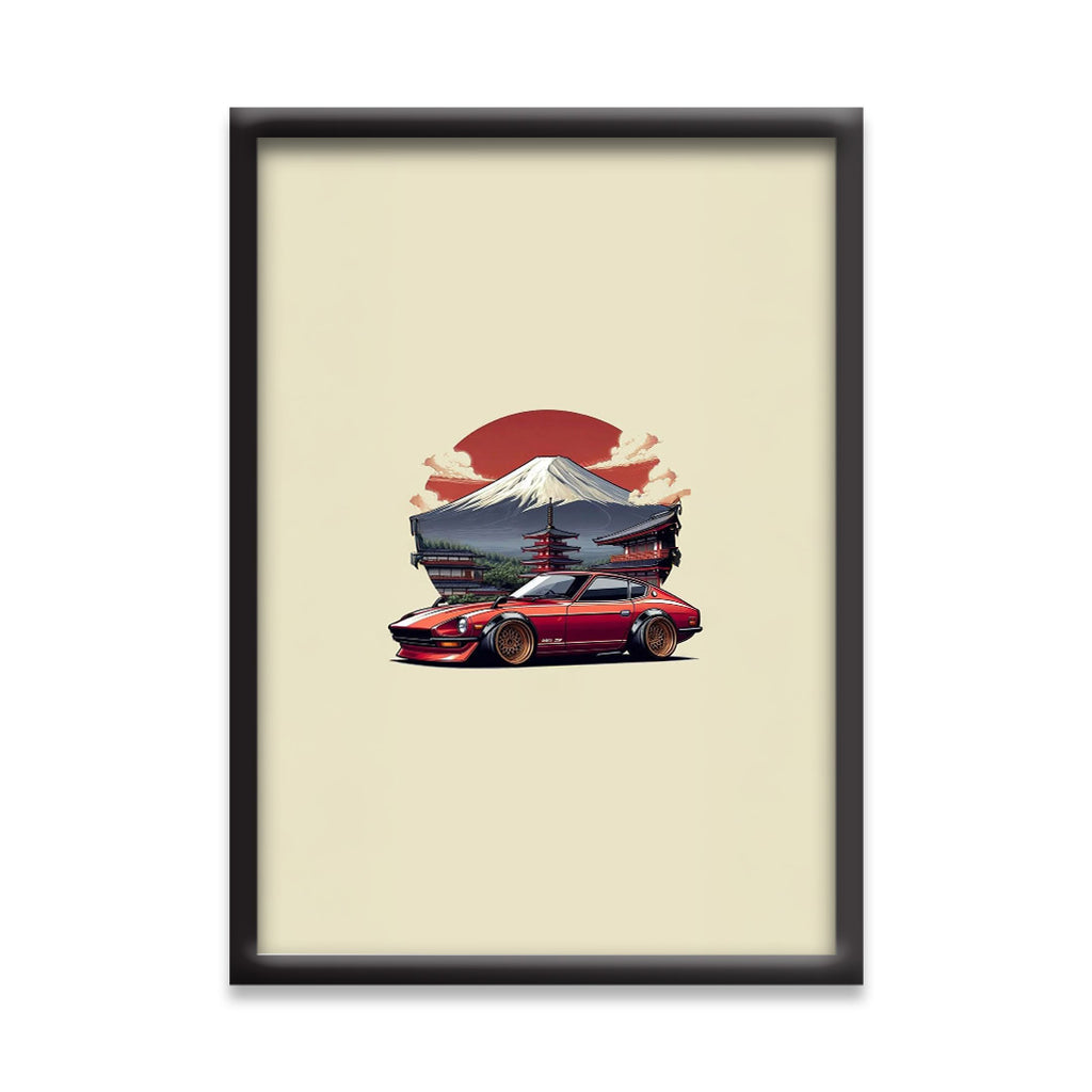 Datsun 240Z (Fairlady Z) Poster | Minimalist JDM Car | Wall Art with Mount Fuji & Pagoda Background