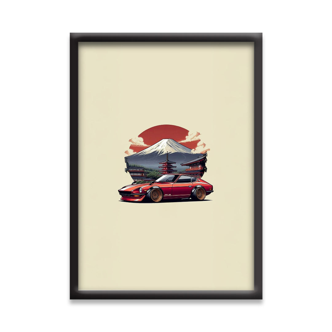 Datsun 240Z (Fairlady Z) Poster | Minimalist JDM Car | Wall Art with Mount Fuji & Pagoda Background