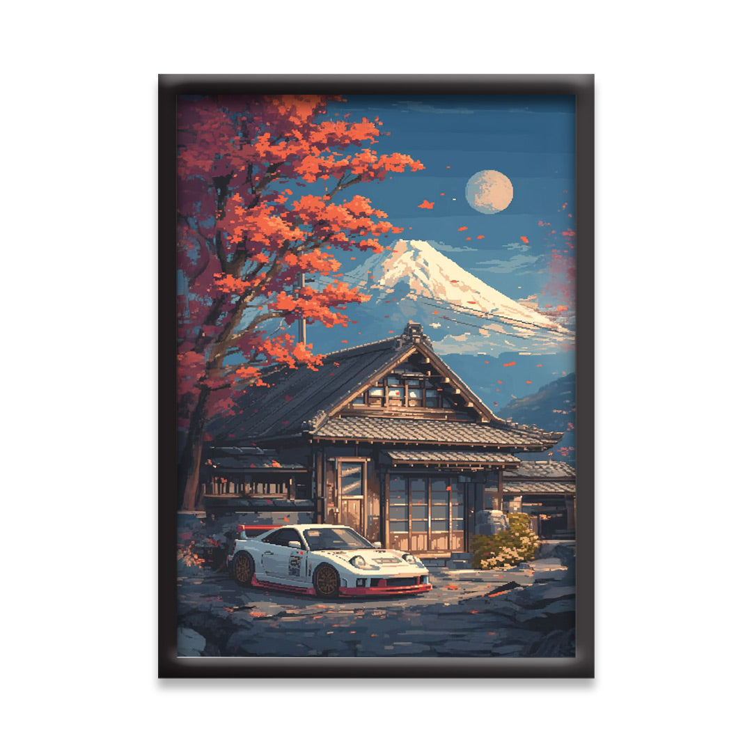 Japnese Pixel Art | Car Framed Poster | Porsche 911 RWB | Japanese Ryokan & Mount Fuji Scenic | JDM-Euro Wall Art