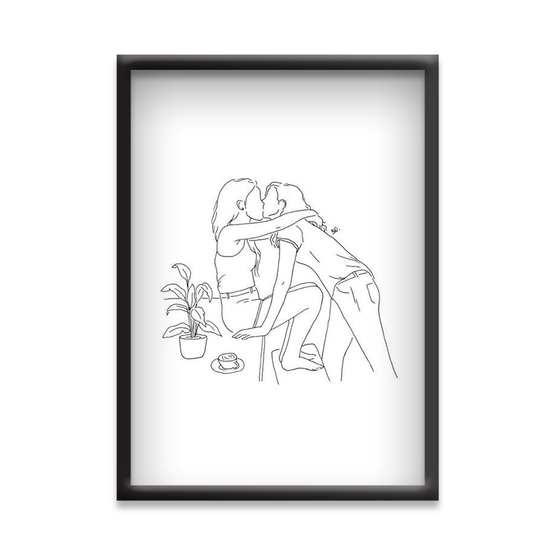 Tender Moment – Minimal Couple Illustration for Home Decor | Black & White Intimate Line