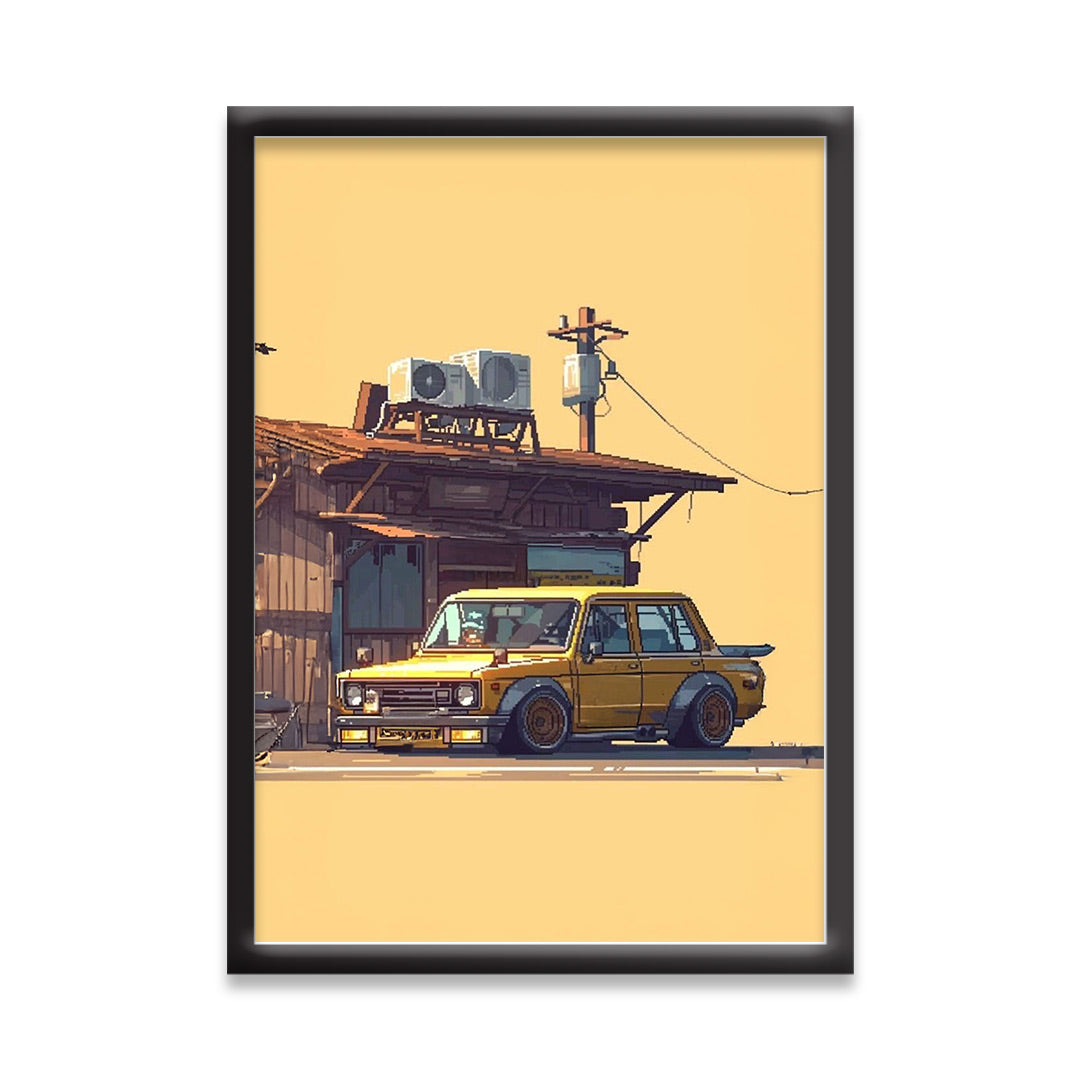 Japnese Pixel Art | Car Framed Poster | Nissan Framed Posters - Matt Black Frame (Black Framed, Classic car)