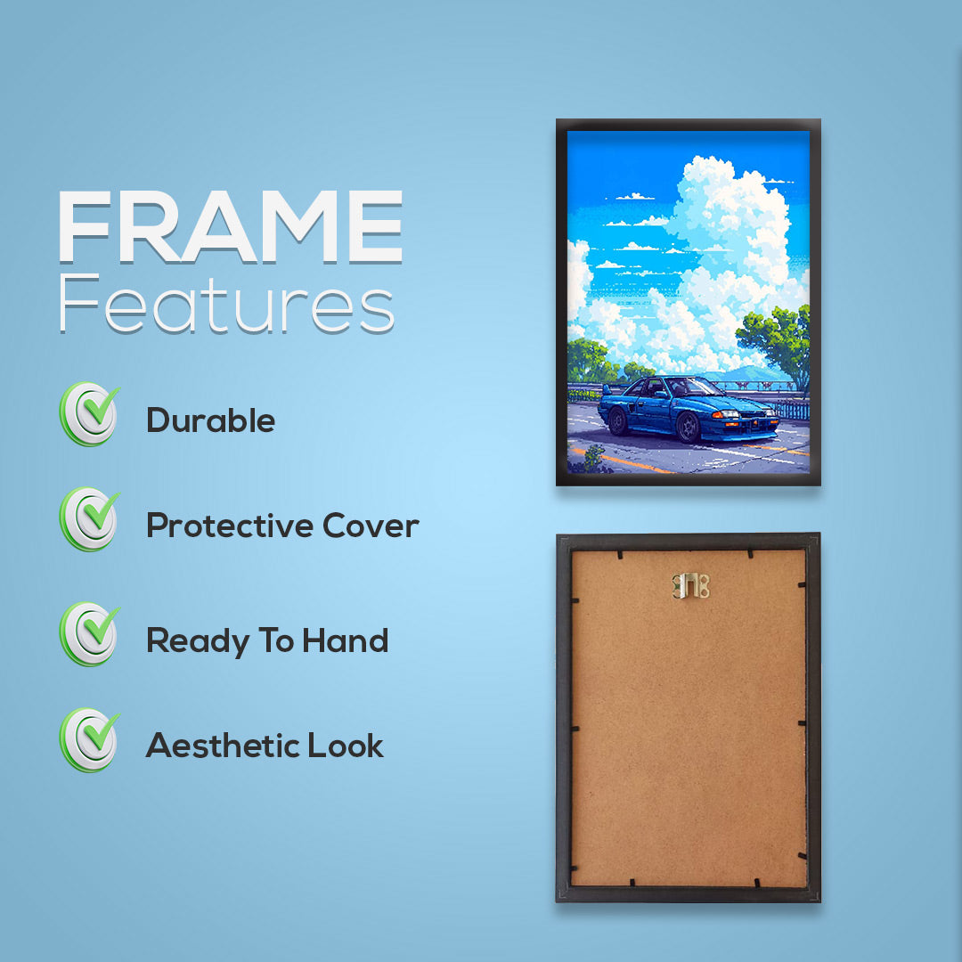 Japnese Pixel Art | Car Framed Poster | Nissan Framed Posters - Matt Black Frame (Black Framed, GTR Skyline)