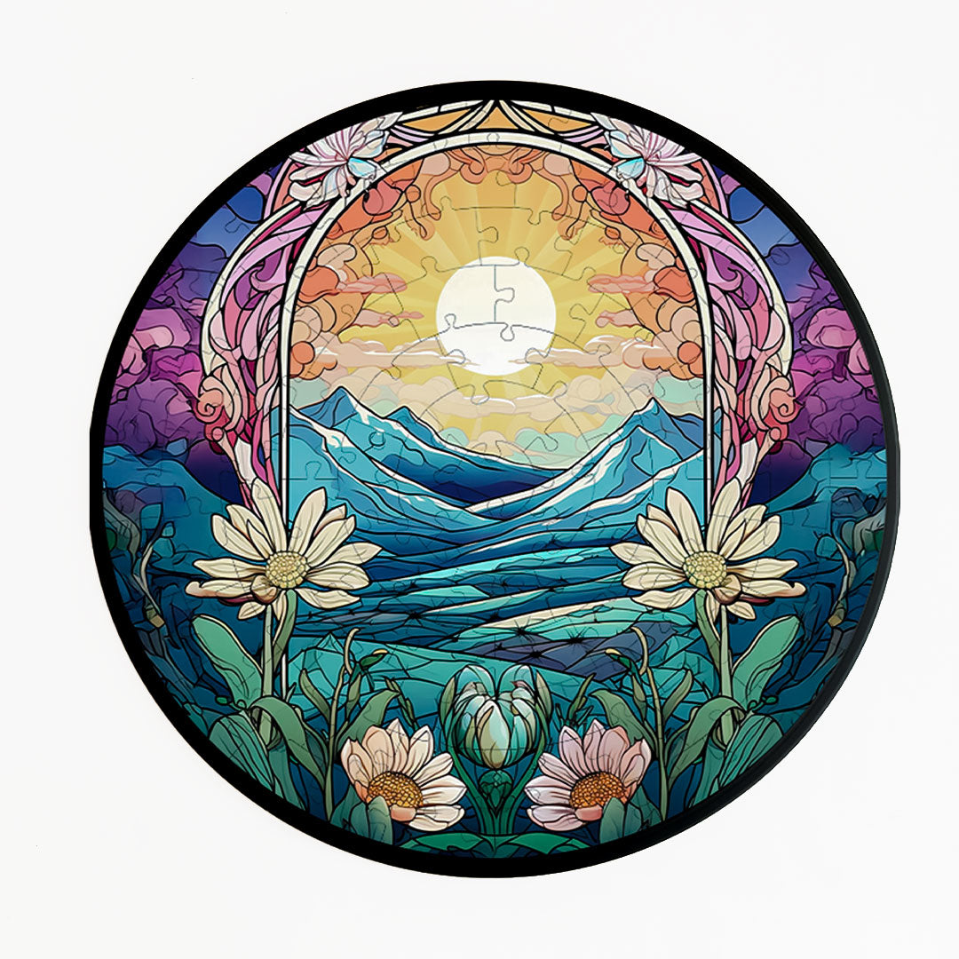 Jurojin Junction Circular Frame Jigsaw Puzzle for Couples  | “Mountain Bloom Sunrise” – 160-Piece Framable Circular Jigsaw Puzzle for Adults & Kids above 15+ Years | Puzzle Games for Couples