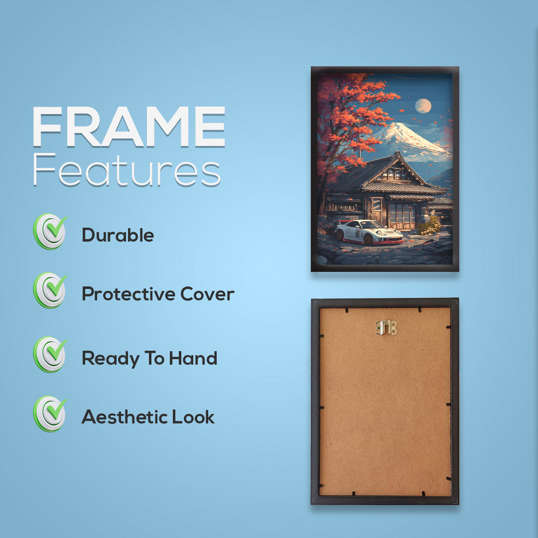 Japnese Pixel Art | Car Framed Poster | Porsche 911 RWB | Japanese Ryokan & Mount Fuji Scenic | JDM-Euro Wall Art