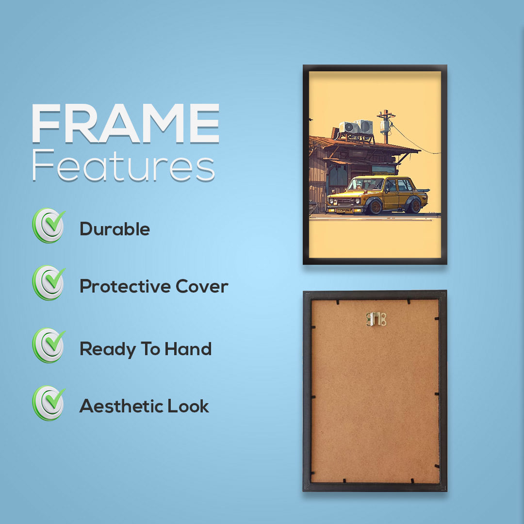 Japnese Pixel Art | Car Framed Poster | Nissan Framed Posters - Matt Black Frame (Black Framed, Classic car)
